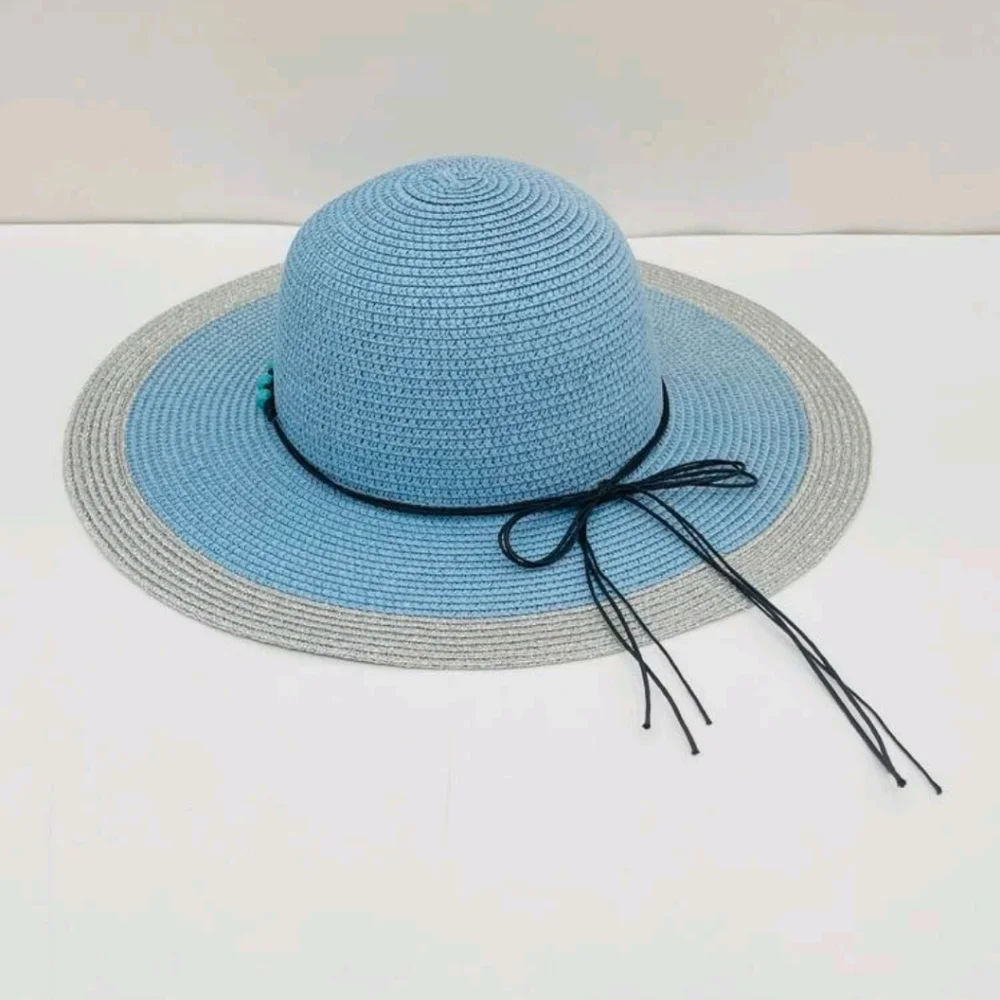 Floppy Hat Color block Blue Silver Shimmer Faux Turquoise Stone Beads - Picture 3 of 7